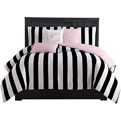 Juicy Couture Cabana Stripe Reversible Bedding Set - Queen Size - Black and White Stripe Print – 6 Piece Set – Includes 1 90" x 90" Comforter, 3 Decorative Pillows, 2 Shams Cover