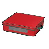 Household Essentials 537RED Holiday China Storage Chest with Lid and Handles | Charger Plates and Platters | Red Canvas with Green Trim