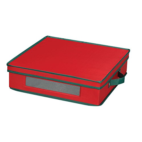 Household Essentials Holiday Charger Plate Storage Box, Holds 12 Charger Plates with Felt Protectors, Red Canvas with Green Trim