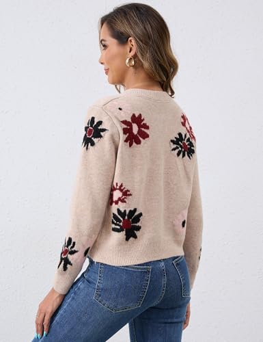 Cardigan Sweaters for Women Cropped Button Down Sweater Long Sleeve Crew Neck Knit Floral Print Outwear4
