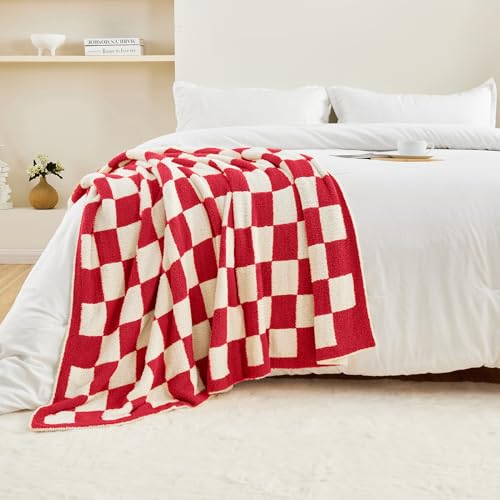 Image of CozeCube Christmas Red Reversible Checkered Knit Throw Blanket 50 inchx60 inch