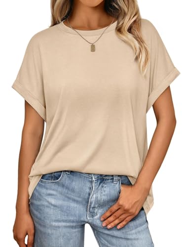 Cuptacc T-Shirt Femme Col Rond Basic Tee Shirt Ete Manche Courte Top Femme Unie Style Décontracté Beige Moyen M 40-42