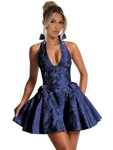 RSOETOO Jacquard Satin Homecoming Dresses for Teens 2025 Halter Mini Graduation Cocktail Dress with Bow RO301