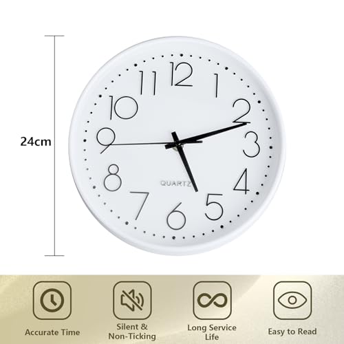 Wall Clock, Silent Non Ticking, 10 Inch Small Wall Clocks, Battery Operated Decorative Modern Round Wall Clock for Office, Home, Bathroom, Kitchen, Bedroom, School, Living Room - White