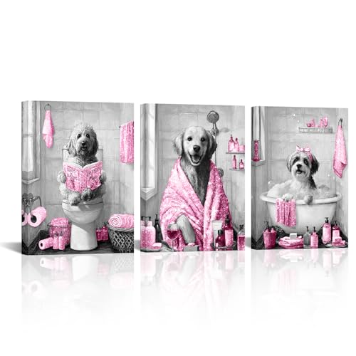 Image of sechars Funny Dogs Bathroom Wall Art Grey and Pink Bath Decor Cute Animal Painting Canvas Print (Pink)