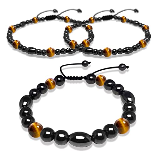 Image of Hion 2 Pack Magnetic Therapy Anklet Bracelet Plus 1 Pack Magnetic Bracelet for Women /Men Anxiety Relief,Strengthen Immunity Hematite Tiger Eye Gemstone Anklet Bracelet Set
