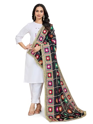 Women's Chinnon Silk Aari Embroided Phulkari Dupatta, Chunni