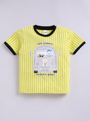 Image of LITTLE NINJA Pure Cotton Knee Length Half Sleeve School Bus Printed Tee & Shorts Set - Yellow 0-6M