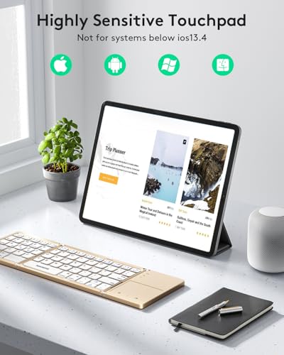 Image of Samsers Foldable Bluetooth Keyboard with Touchpad, Ultra Slim Compact, Gold | Multi-touch Trackpad, Full Size, Phone Holder, USB-C Charging, 3 Device, for Android Windows iOS Mac OS, Mobile Productivity
