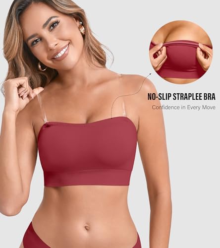Image of DEANGELMON Strapless Bras for Women Wireless Push Up Non-Slip Bandeau Bra Seamless Clear Straps TubeTop Padded Bralette