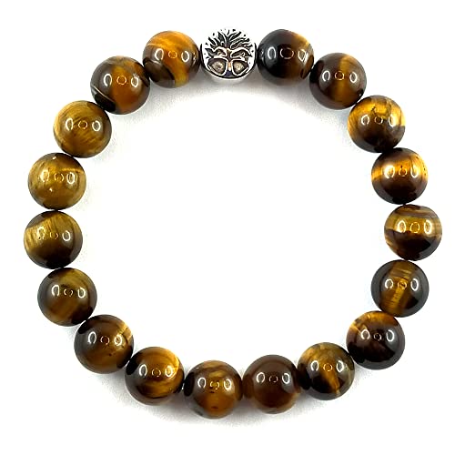 Bracelet Oeil de Tigre 19 cm, perles de 10 mm, Sans Fermoir, sur élastique solide. Motif Arbre de Vie en Acier Inoxydable argenté, Artisanat Français, Pierre de la Confiance en Soi et de la Réussite Cover