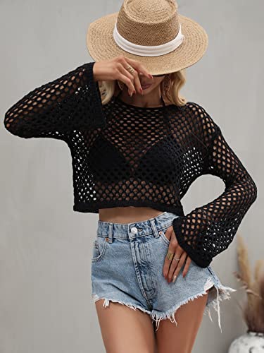 Image of Women Crochet Hollow Out Sweater See Through Fishnet Knit Pullover Cropped Tops