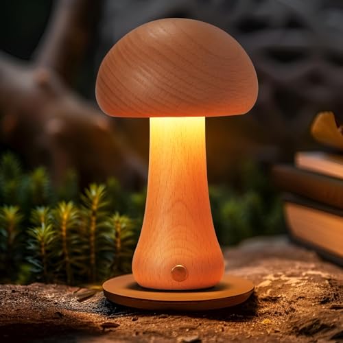 Schindora Lamparas De Mesita De Noche LED,Madera Setas Luz Nocturna Infantil De Noche Sin Cable,USB 3W Dimmer,Bebe Lampara De Mesa Para Dormir Decoracion Regalos