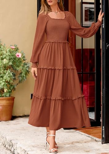 PRETTYGARDEN Fall Dresses for Women 2025 Long Sleeve Smocked Square Neck Swiss Dot Tiered Flowy Wedding Guest Maxi Dress