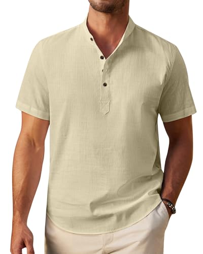 siliteelon Men's Linen Shirts Short Sleeve Henley Linen Shirts for Men Adult Regular Fit Casual Shirt Holiday Trip Summer Beach Cotton Shirt Beige M