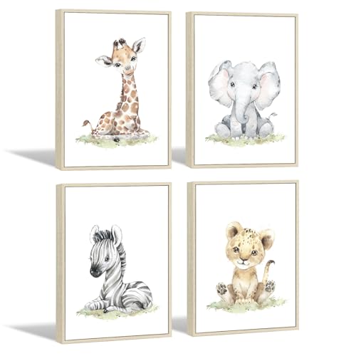Image of Safari Nursery Wall Art Decor Baby Animal Canvas Wall Art Woodland Nursery Wall Decor Kids Jungle Animal Pictures Safari Giraffe Elephant Tiger Prints for Room Bedroom Set of 4 12x16 Inch Framed