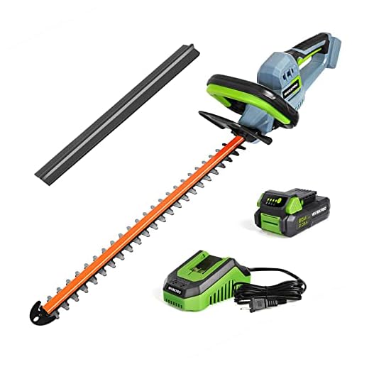 WORKPRO 20V Cordless Hedge Trimmer, 20" Dual Action Blades Electric Gardening Tool, 2.0Ah Battery and 1 Hour Quick Charger Included