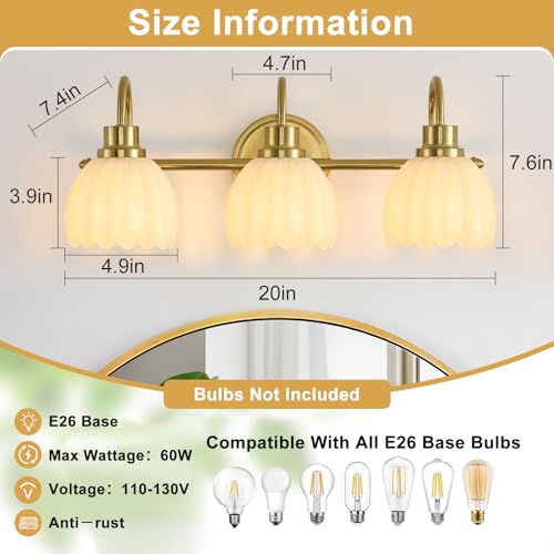 Image of Bathroom Light Fixtures (3-Light, 20 Inch), Brushed Gold Vanity Lights for Bathroom with Ribbed Milk Tulip Glass Shade, Vintage Vanity Wall Lights for Mirror Bedroom Living Room Hallway