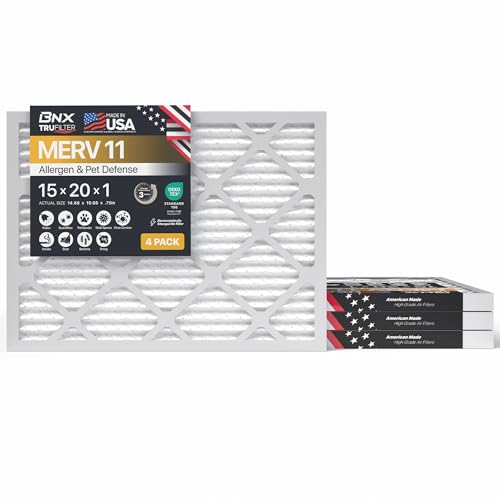 BNX TruFilter 15x20x1 Air Filter MERV 11 (4-Pack) - MADE IN USA - Allergen Defense Electrostatic Pleated Air Conditioner HVAC AC Furnace Filters for Allergies, Dust, Pet, Smoke, Allergy MPR 1200 FPR 7