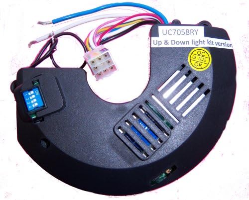 Image of the UC7058RY Ceiling Fan Receiver module with wires and DIP switches visible.
