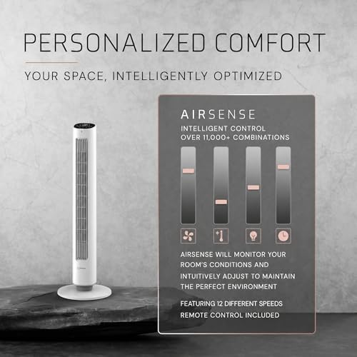 Image of Lasko Pinnacle 40 inch DC Tower Fan for Bedroom, Living Room, Home Office - 32 ft /s Airflow, 50 ft Distance, 90 Oscillation - AirSense, 12 Speeds, Night Light - Quiet 24 dBA - Remote, White
