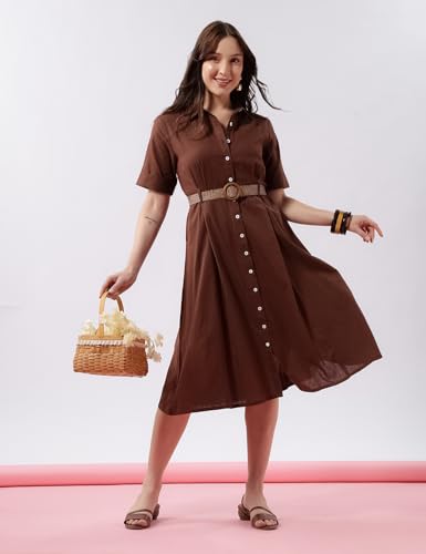 Image of FYLTR Women's Solid Midi Dress - 100% Cotton | Half Sleeve | Western Dress for Women | Office wear Dress (Belt Included)