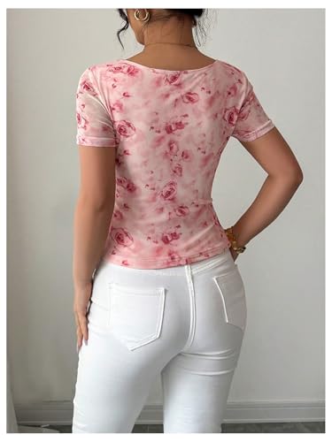 GORGLITTER Women's Floral Mesh Ruched T Shirt Tie Front Short Sleeve Square Neck Slim Tops2