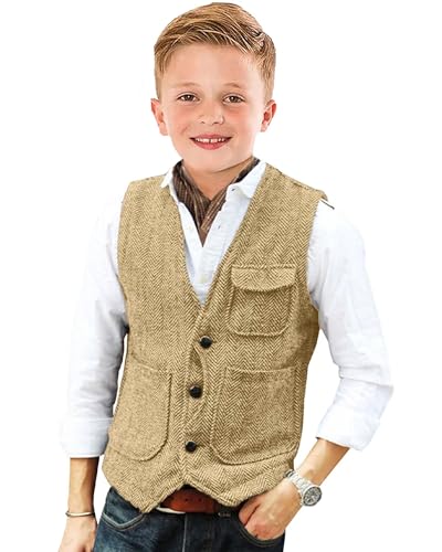 Image of Retro Boys Tweed Vest for Kids Formal Dress Herringbone Suit Vest for Toddler Boy Wedding Waistcoat