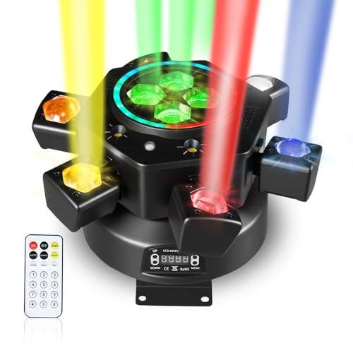 MINGJIE 6 Arm Moving Head DJ Lights,150W RGBW LED Stage Lighting with Strobe & Bee-Eye Effect, Red/Green Starry, DMX512, Remote Control,Sound Activated,540° Rotation for Party, Clubs, Disco (Gen II)