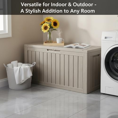 Image of 80 Gallon Resin Deck Box, Outdoor Container for Patio Furniture Cushions, Garden Tools, Pool Accessories & Yard Equipment - All-Weather, Lockable, Wood Grain Design
