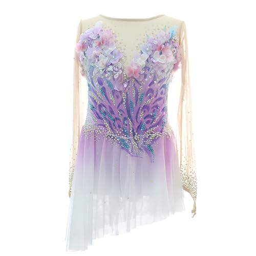 Girls' Figure Skating Dress with Sparkling Diamonds, Women's Flower Decoration Ice Skating Dresses for Competition(3X-Large)
