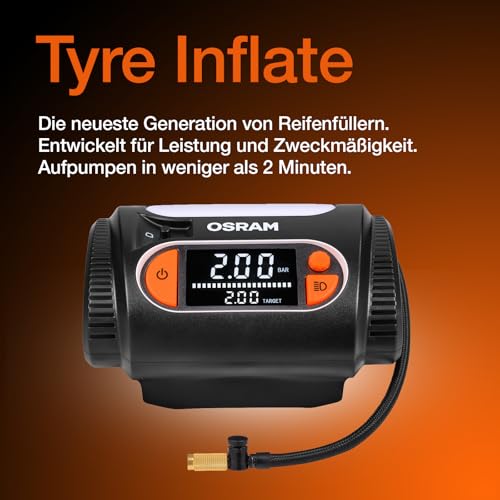OSRAM TYREinflate 2130, Großes dynamisches Digitaldisplay, Auto-Stopp-Funktion, aufwickelbares Stromkabel mit abgesicherter 12V-DC-Steckverbindung, Reifenfüllung in 2 Minuten