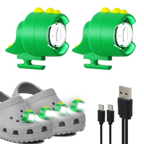 Rechargeable Shoe Charm Lights 2pcs, Cute Dinosaur Headlights for Croc Style Shoes, IPX5 Shoe Flashlights with 3 Lighting Modes, Charm Accessories Headlamps for Camping Dog Walking,Hiking for kids