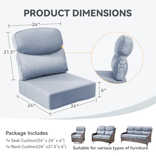 Image of Luxury 6-Inch Outdoor Chair Cushions - 24 inch* 24 inch Patio Furniture Cushions with Dual Layer Back Support & Removable Cover, 28D High Density Sponge Patio Cushion for Outdoor Furniture Couch Baby Blue