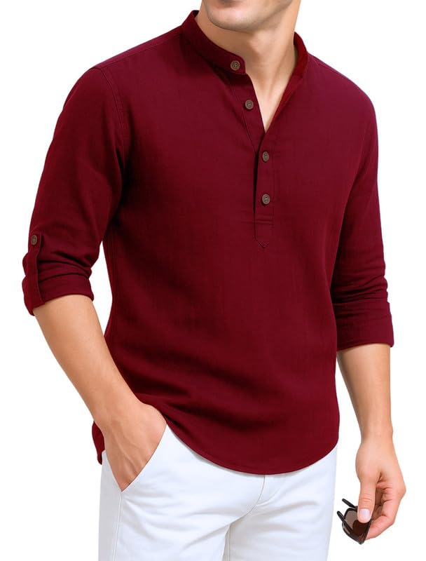 Image of DEEMOON Men's Cotton Blend Solid Regular Fit Full Sleeve Short Kurta | Men's Trendy Short Kurta