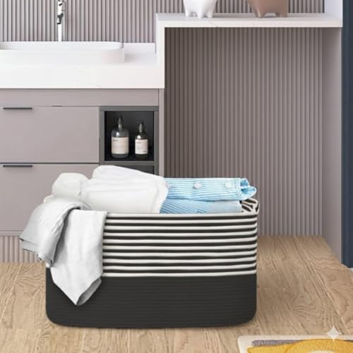 Image of Large Storage Basket, Woven Blanket Basket, Toy Basket with Handle, Laundry Hamper for Living Room, Nursery, Bedroom- 20x15x12 (LXWXH) (black mix)