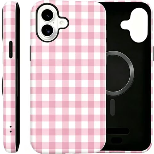 Image of for iPhone 16 Case Cute Phone Case,Compatible with MagSafe,Dual Layer Shockproof Protective Phone Cover,Hard Shell + Silicone Cover,Fashion Design for Women Girls,Pink and White Plaid