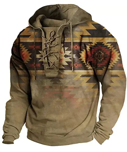 Men's Tactical Lace Up Pullover Outdoor Vintage Military Aztec Western Hooded Sweatshirt Tops