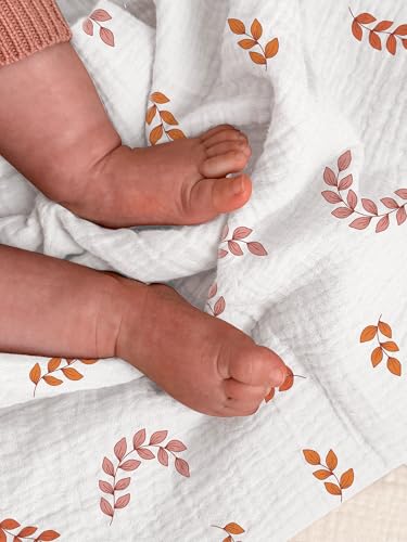 Image of meowcards Muslin Swaddle Blankets for Baby, Unisex Baby Boys Girls Essentials, Large 47 x 47 inches, Boho Receiving Blankets Newborn Registry Must Haves (Brick Leaf, Printed)