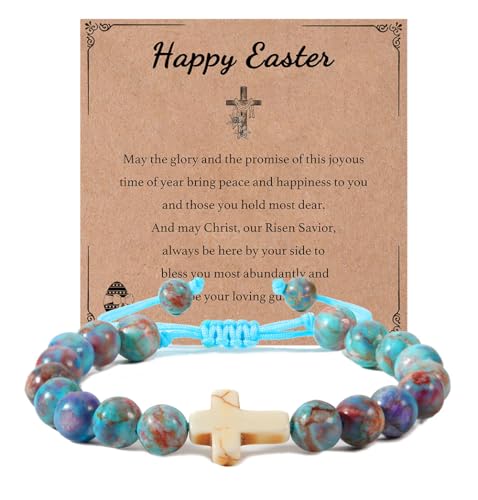 Image of enasal Easter Basket Stuffers for Teens Girls, Nature Stone Easter Gifts Cross Bracelet, Christian Gifts Inspirational Jewelry