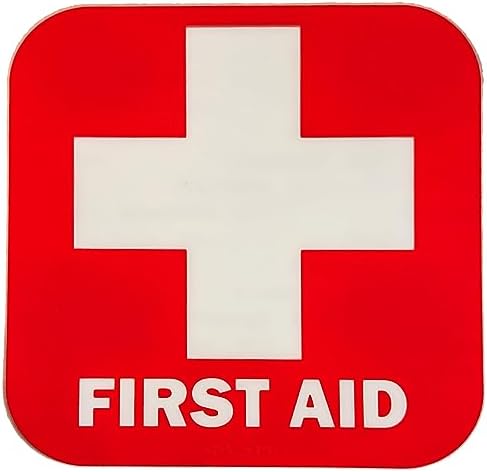 Red First Aid Sticker 4 Pack, 3.5 x 3.5 Inches Self Adhesive First Aid Decal Emergency for Box Package,Water Resistant Heavy Duty for Car Office Business and Indoor Outdoor (4-Pack) Red