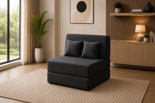 Image of Sofa Cum Bed with Jute Fabric, Convertible One Seater Sofa Bed 3x6 Ft, Comfortable Cushioned Seating, Space Saving Design for Living Room, Bedroom & Guest Room - Black Color