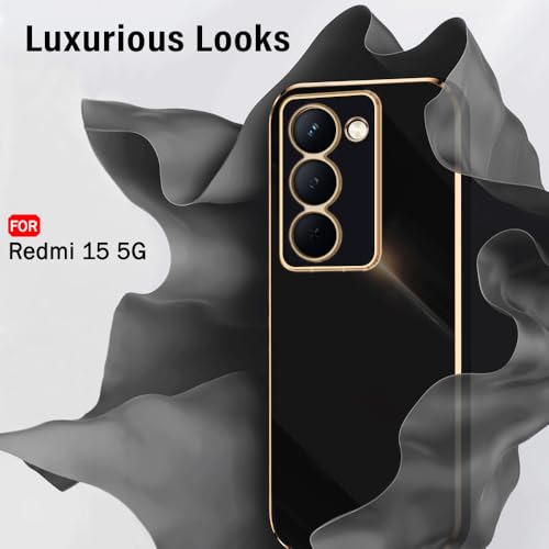 Image of TheGiftKart Luxurious Golden-Plated Back Cover Case for Mi Redmi 15 5G | Raised Lips for Camera & Screen Protection | Shockproof Design | Stylish Back Cover Case for Redmi 15 5G (TPU, Black)