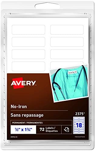 Avery - Avery No-Iron Clothing Labels, 0.5” x 1.75” Fabric Labels, Washer & Dryer Safe, Handwrite, Great for Children & Adults, 72 Labels, Permanent, School, Camp, Nursing Care, Toys, Organizing, (2375) White