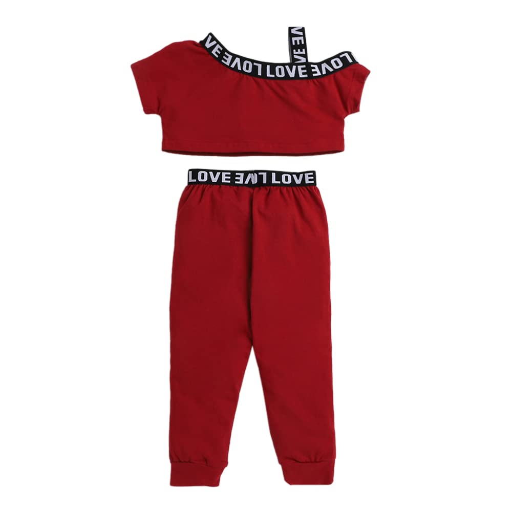Hopscotch Girls Cotton and Spandex Text Print T-shirt and Jogger Set in Red Color