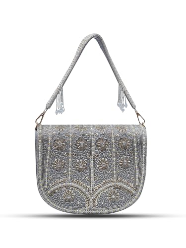 Image of THE TAN CLAN Kavya Beige Flap Over Bag Clutch Purses Luxury Evening Handbags with Handle