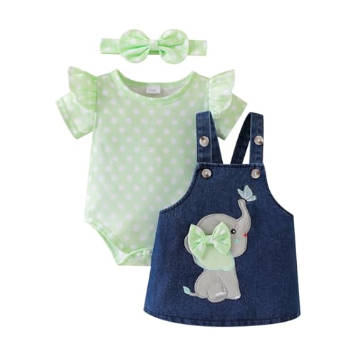 Image of Baby Girl Clothes Newborn Ruffle Romper Elephant Jeans Skirt 0-18M | Soft Romper, Adjustable Jean Skirt with Headband Elephant Butterfly Design, Snap Closure, Everyday Wear