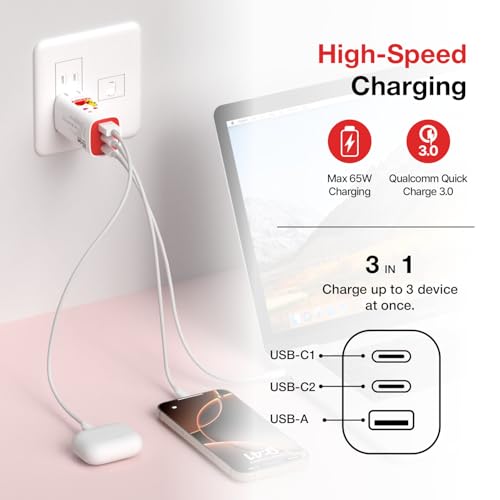 Image of Haribo 65W USB C Charger, 3-Port GaN Fast Charger Block, PD3.0 QC4+ Compact Foldable Travel Charger Compatible with MacBook Pro /Air, iPhone 17 /16 /15 /14, iPad Pro, Galaxy, Pixel, Switch, Blue
