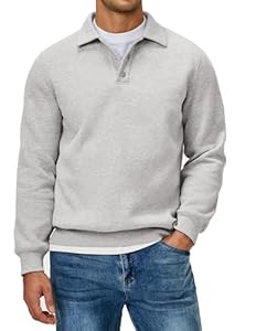 JMIERR Herren Baumwolle Polo Sweatshirts Casual Langärmel Knopf Kragen Pullover Shirts Grau XXXL