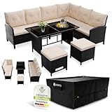 Juskys® Polyrattan Lounge Manacor mit Ecksofa, Esstisch, 2 Hocker & Kissen inkl. Abdeckung - wetterfest bis 7 Personen - Bezüge waschbar - Rattan Garten Sitzgruppe Gartenmöbel Set - Schwarz/Creme
